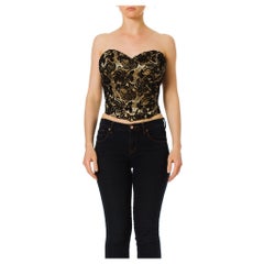 1980S Black Hand Beaded Silk Charmeuse & Metallic Lace Strapless Bustier Top