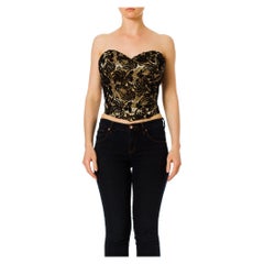 1980S Black Hand Beaded Silk Charmeuse & Metallic Lace Strapless Bustier Top