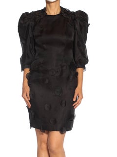1980S Black Haute Couture Silk Gazzar Polka Dot Appliqué Cocktail Dress