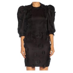 1980S Black Haute Couture Silk Gazzar Polka Dot Appliqué Cocktail Dress