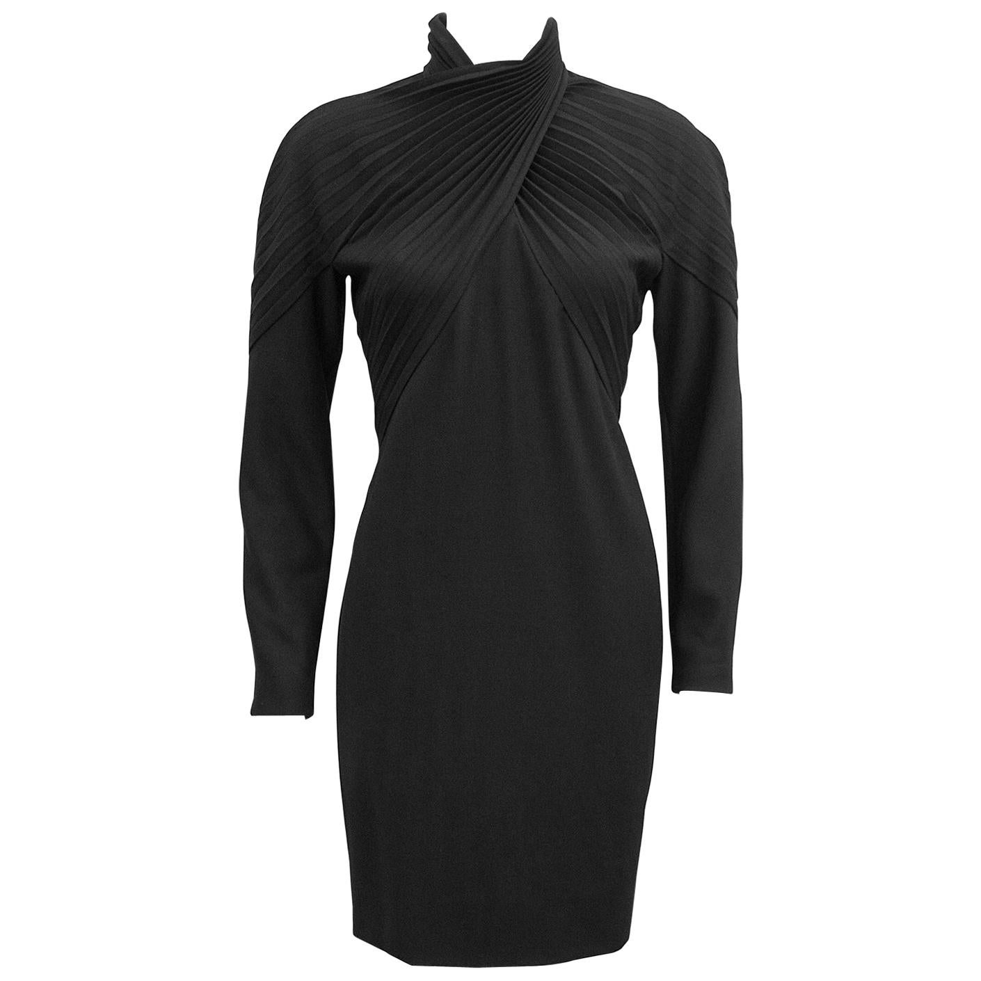 1980s Black Label Gianni Versace Black Wool Cocktail Dress 