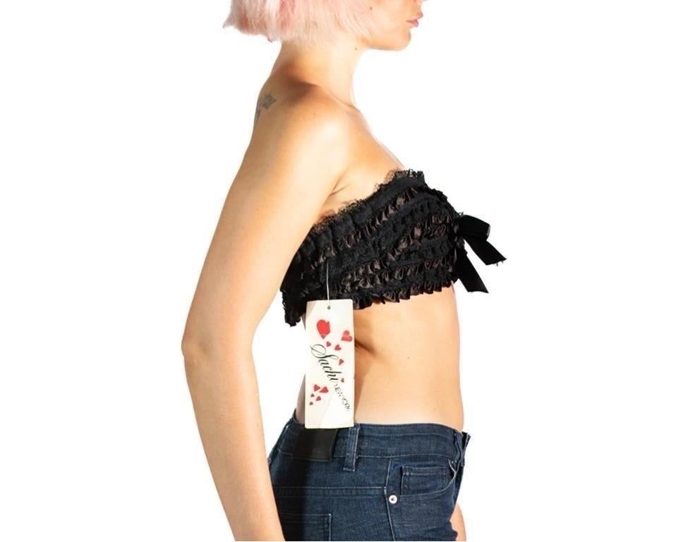 Beige 1980S Black Lace Ruffled Strapless Bra Top For Sale