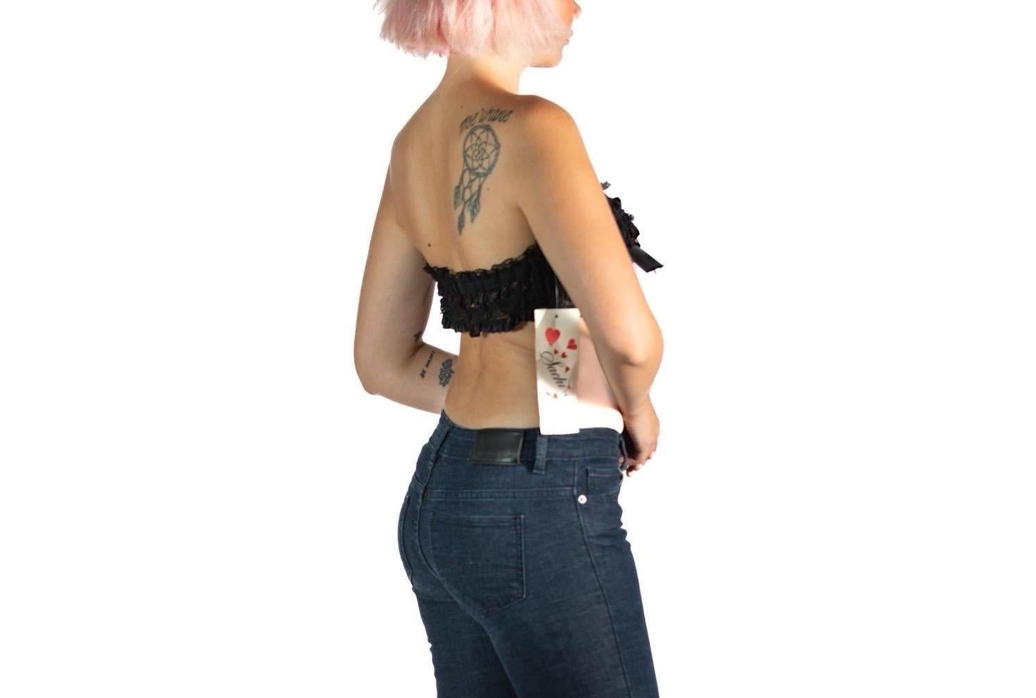 1980S Black Lace Ruffled Strapless Bra Top For Sale 1