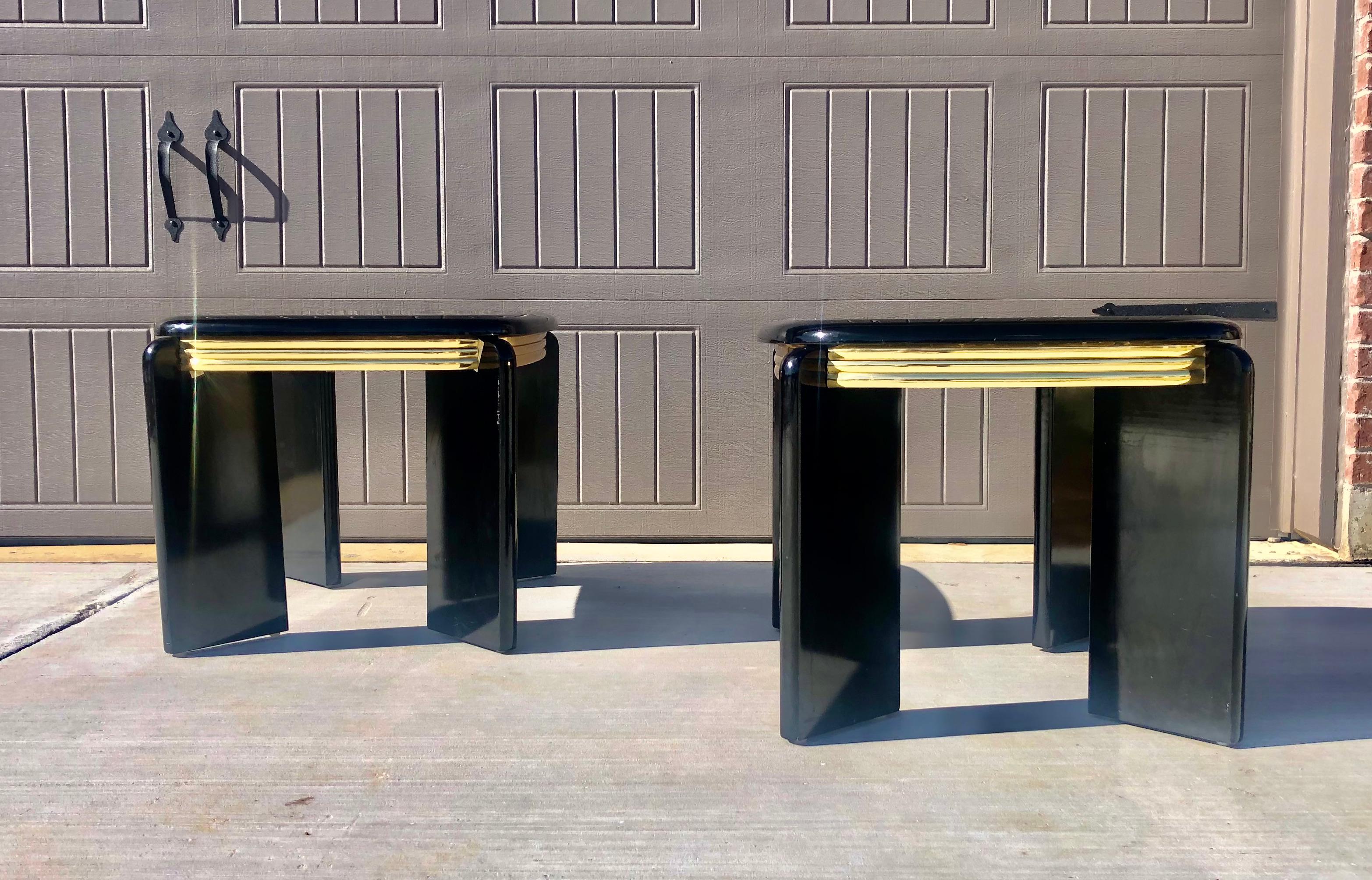 1980s black lacquer and brass side tables / nightstands.