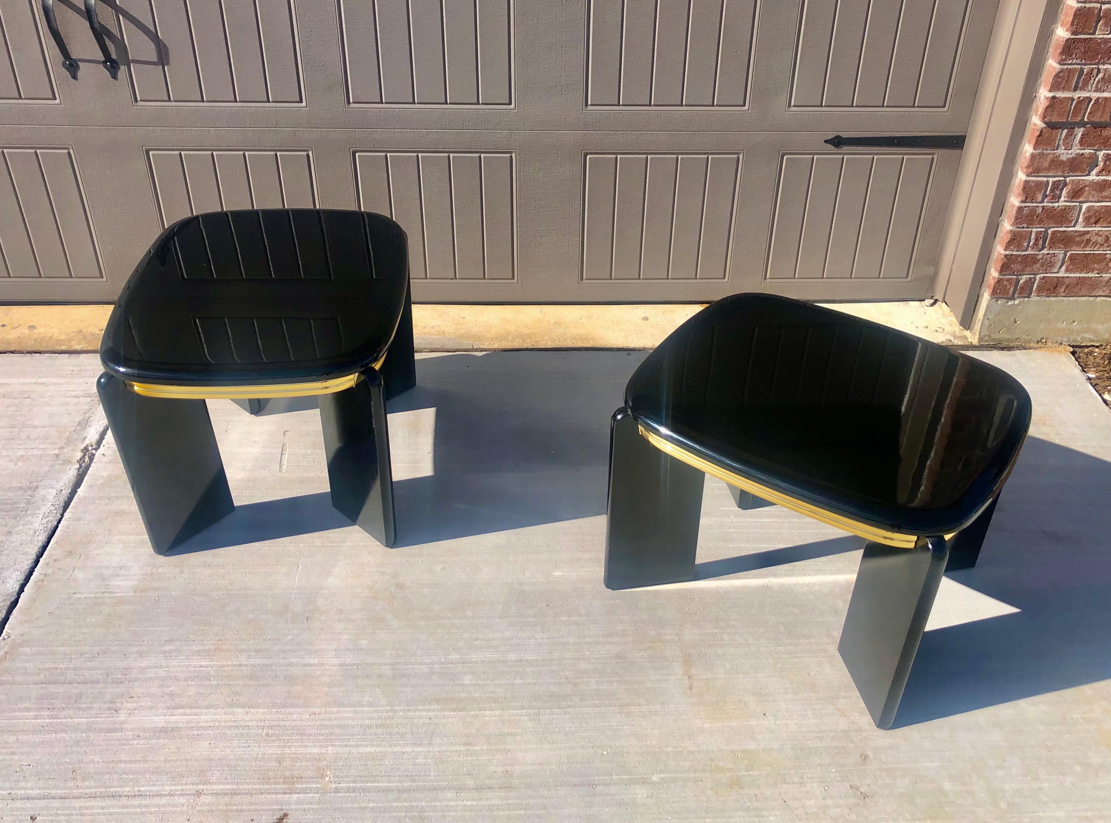 Art Deco 1980s Black Lacquer and Brass Side Tables For Sale
