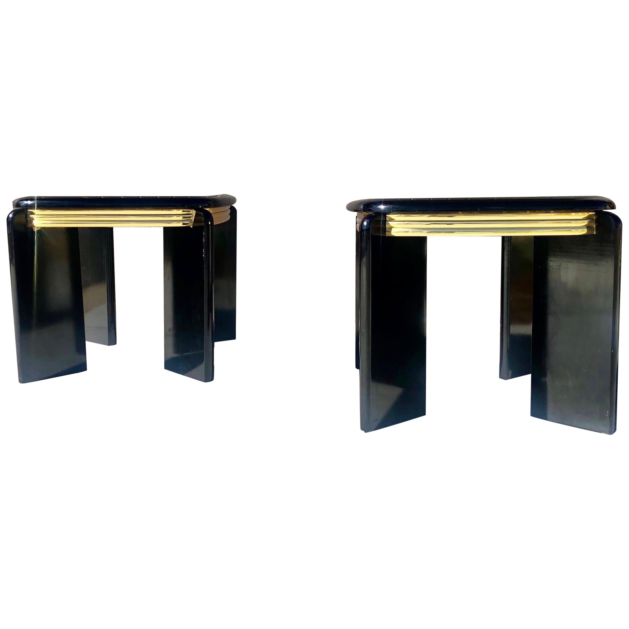 1980s Black Lacquer and Brass Side Tables For Sale