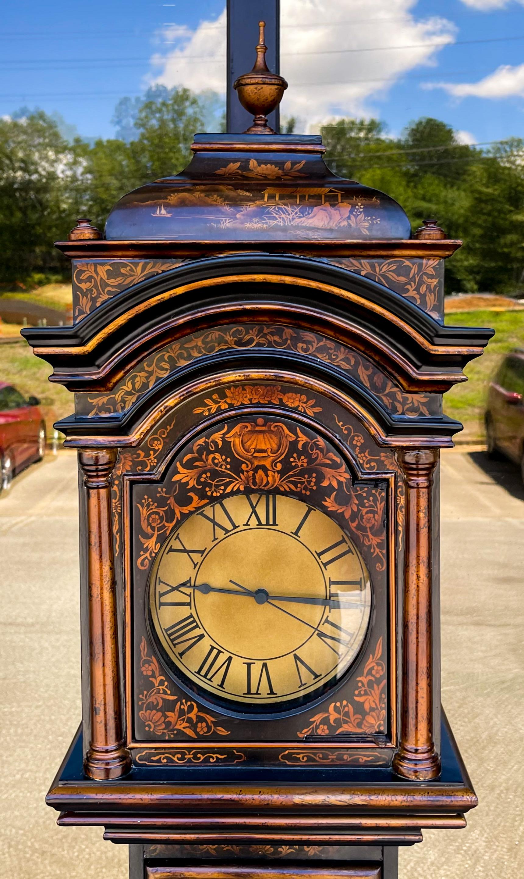 This is such a festive time of year! Love selling some holiday classics! This is a black lacquer chinoiserie grandmother’s case clock by Ethan Allen. As it is battery operated, it is a low maintenance clock. It opens in the body for storage.