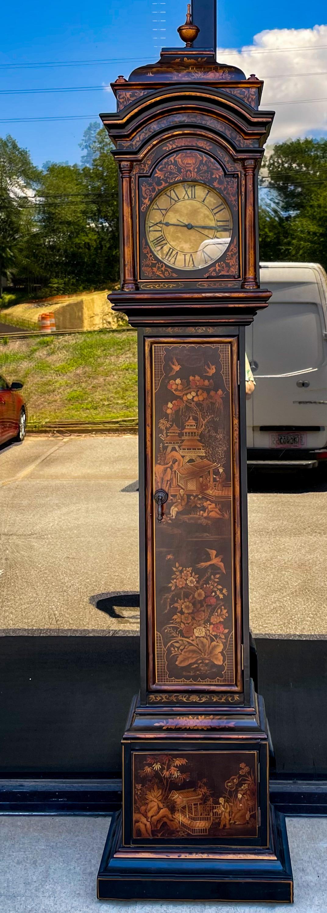 American 1980s Black Lacquer Chinoiserie Grandmother’s Case Clock by Ethan Allen