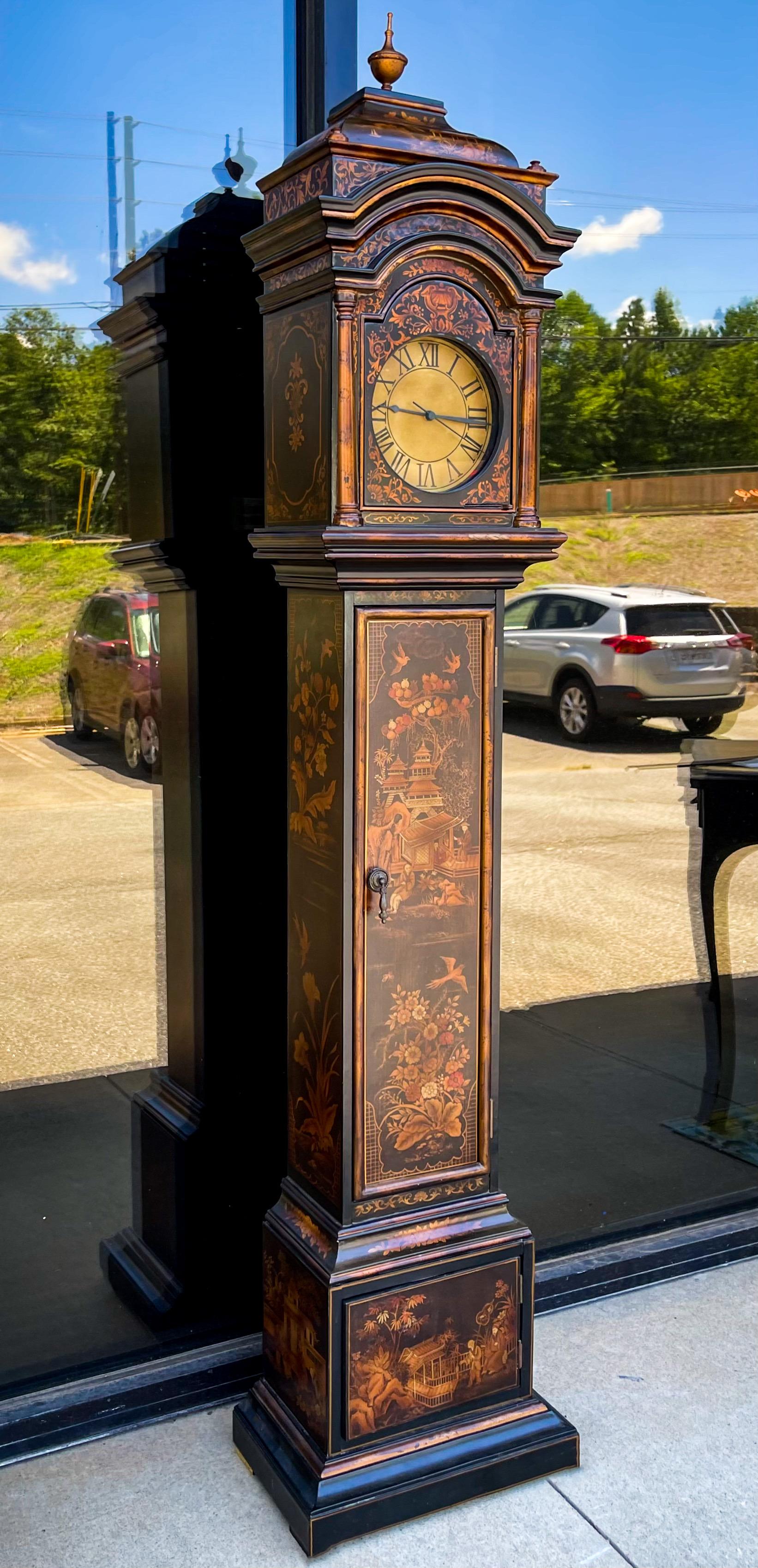 1980s Black Lacquer Chinoiserie Grandmother’s Case Clock by Ethan Allen 1
