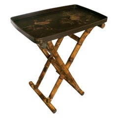 1980s, Black Lacquered, Bamboo Tray with Animals and Bamboo Crossed Foot