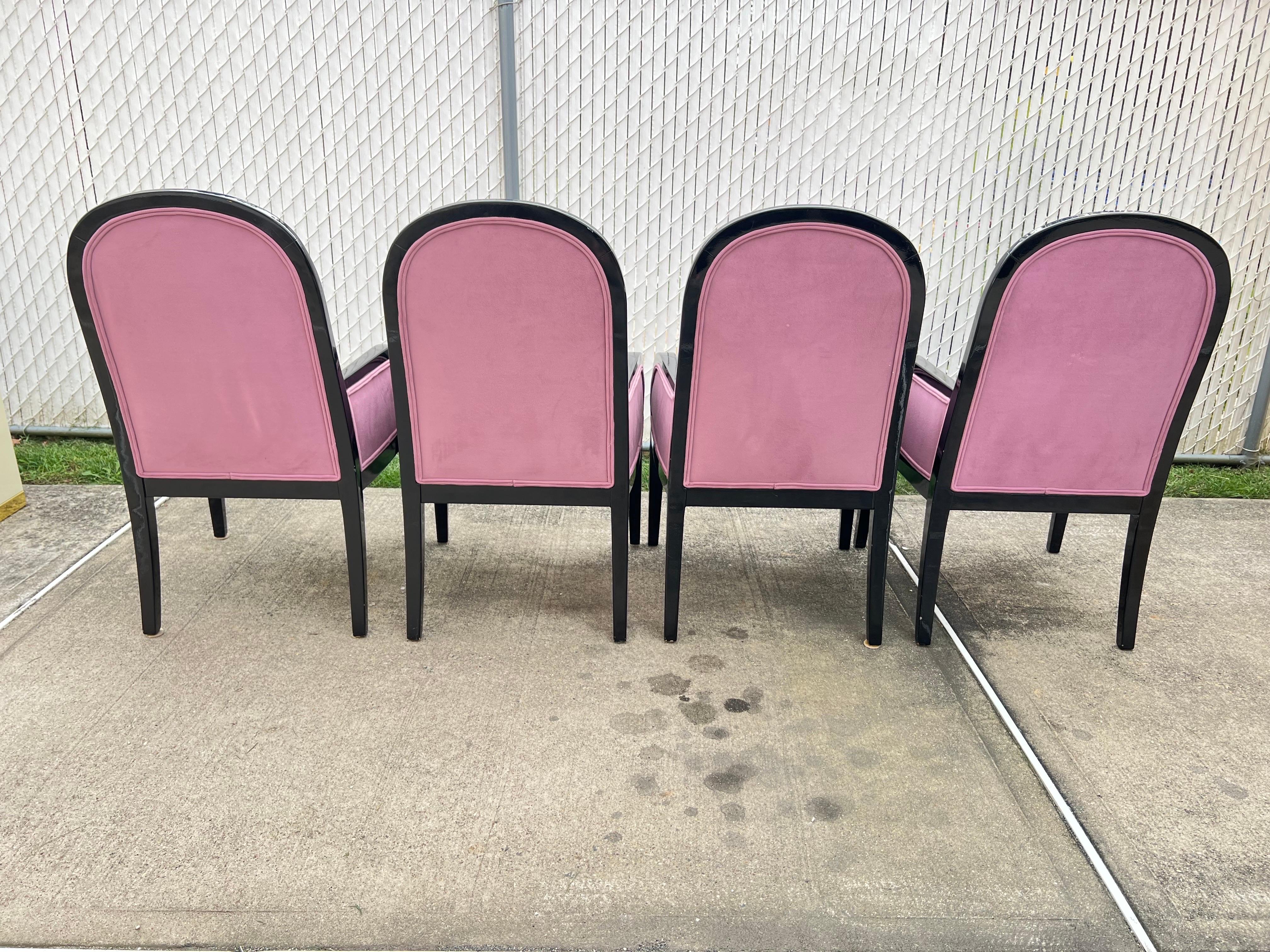 Post-Modern 1980s Black Lacquered Pink Velvet Dining Chairs - a Set of 4 For Sale
