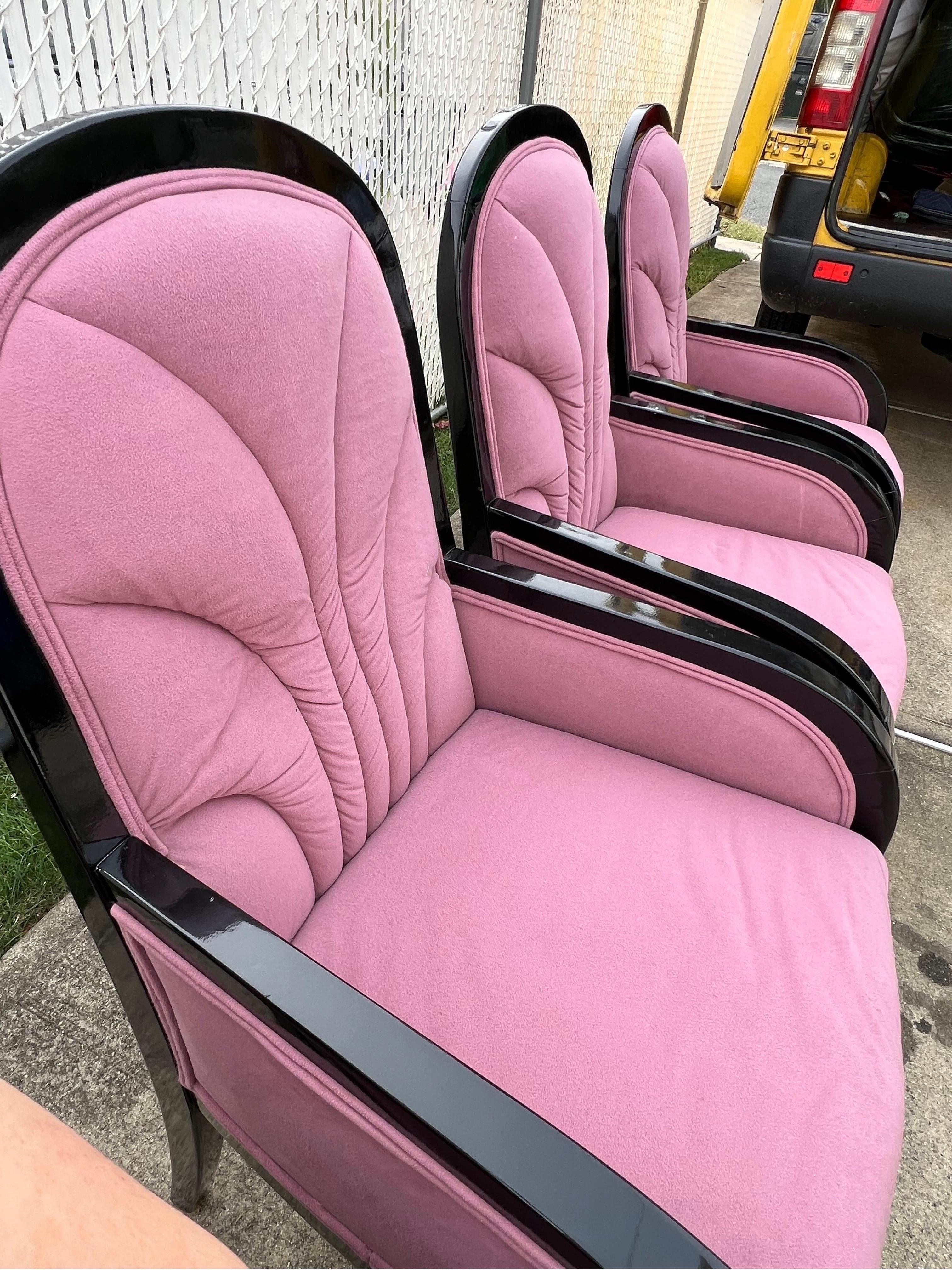 American 1980s Black Lacquered Pink Velvet Dining Chairs - a Set of 4 For Sale