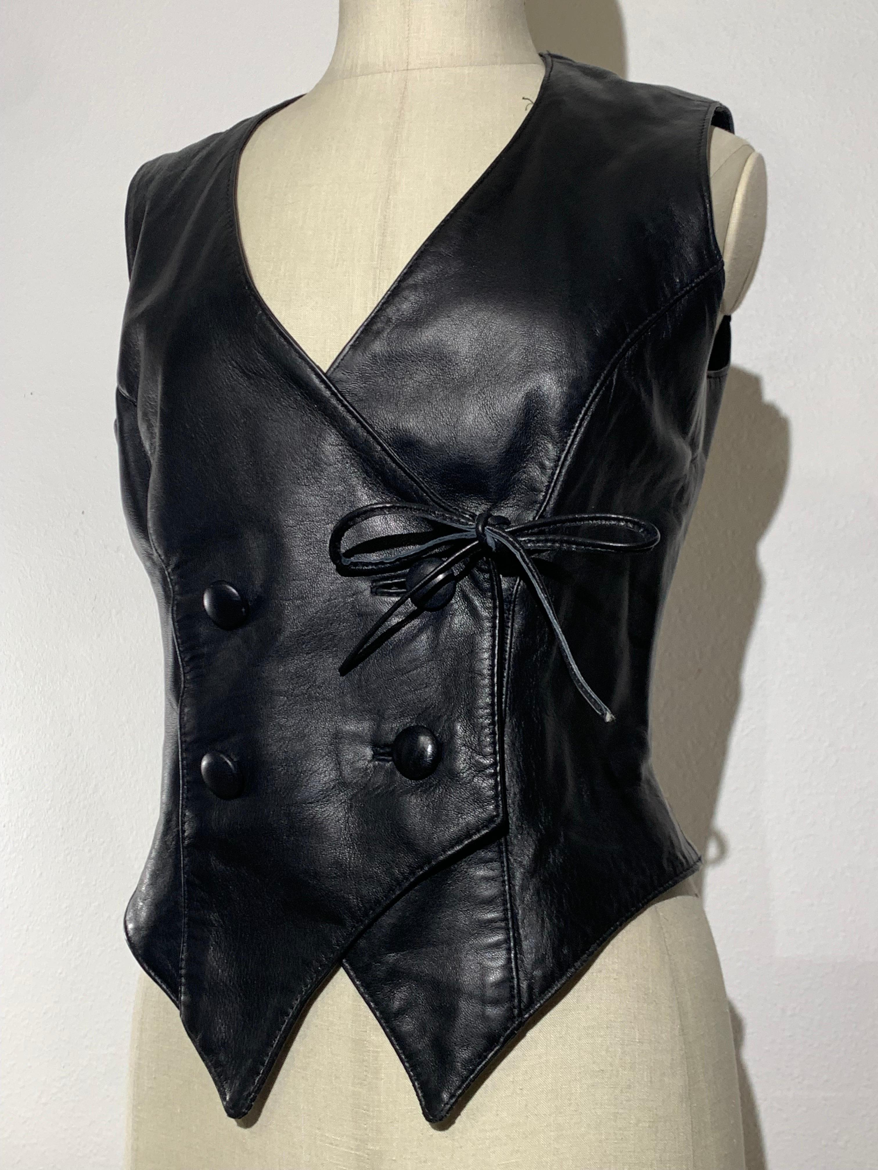 1980s Black Lambskin Leather Double Breasted Fitted Western-Style Vest In Excellent Condition In Gresham, OR