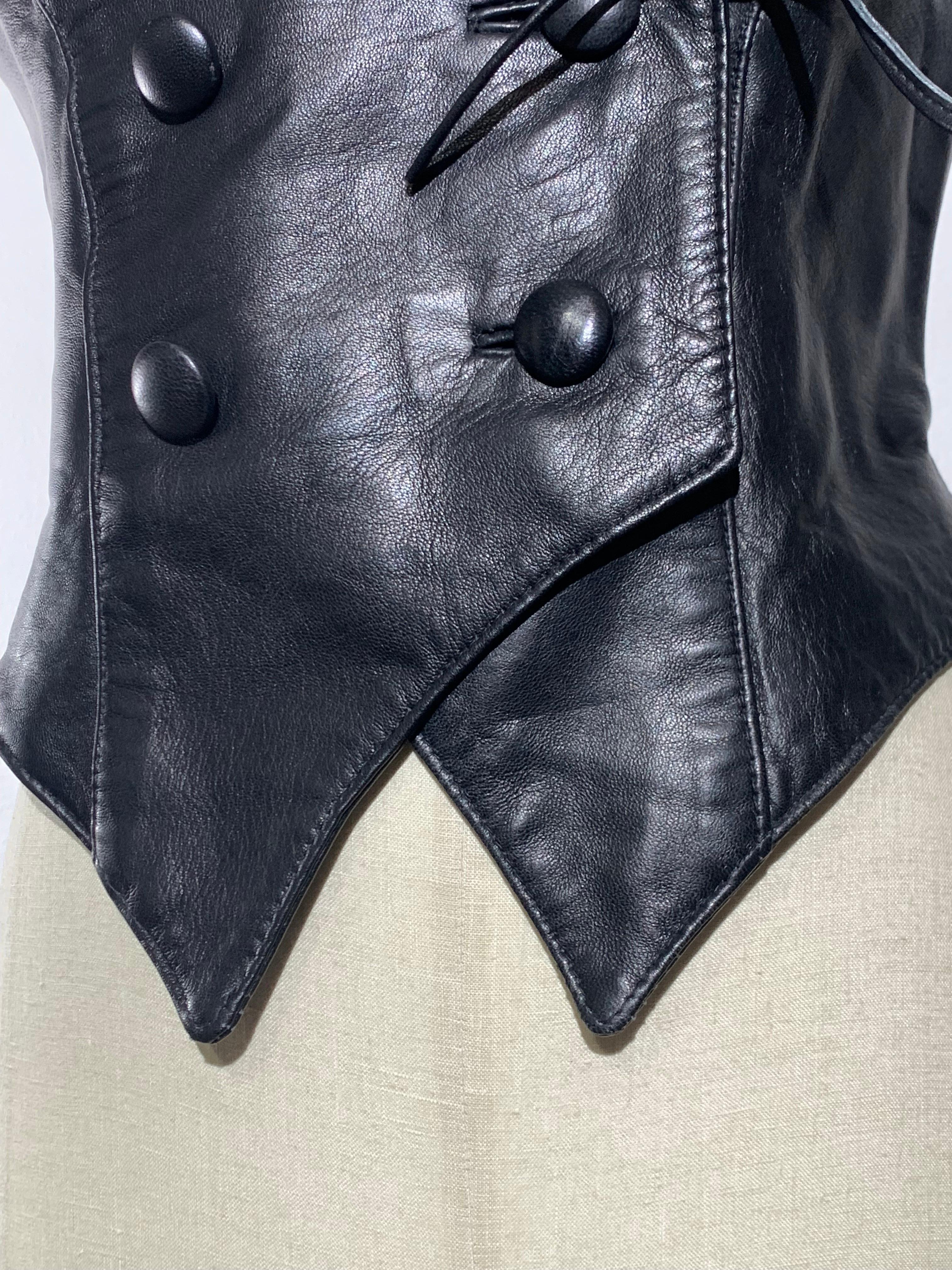 Women's 1980s Black Lambskin Leather Double Breasted Fitted Western-Style Vest