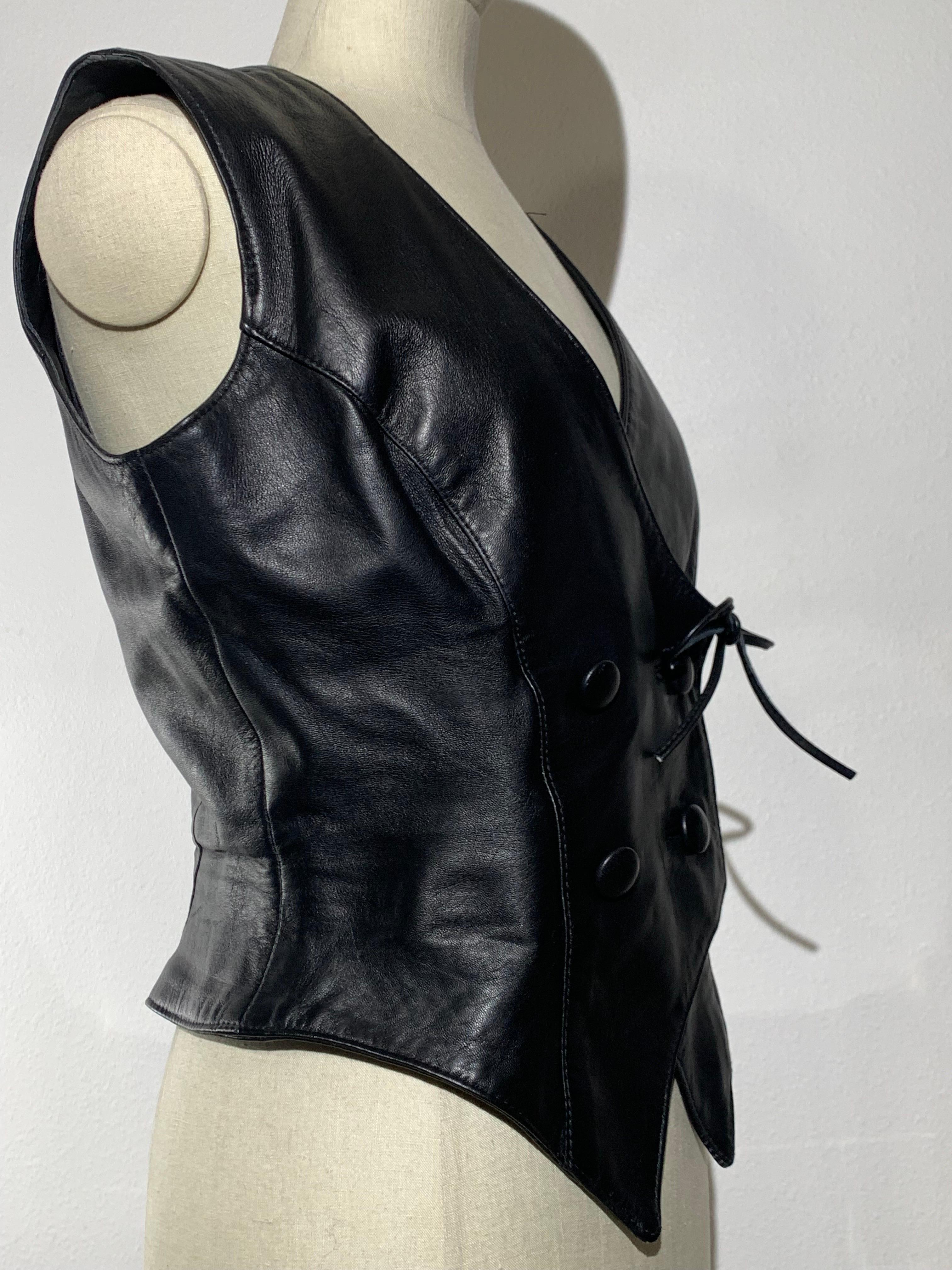 1980s Black Lambskin Leather Double Breasted Fitted Western-Style Vest 1