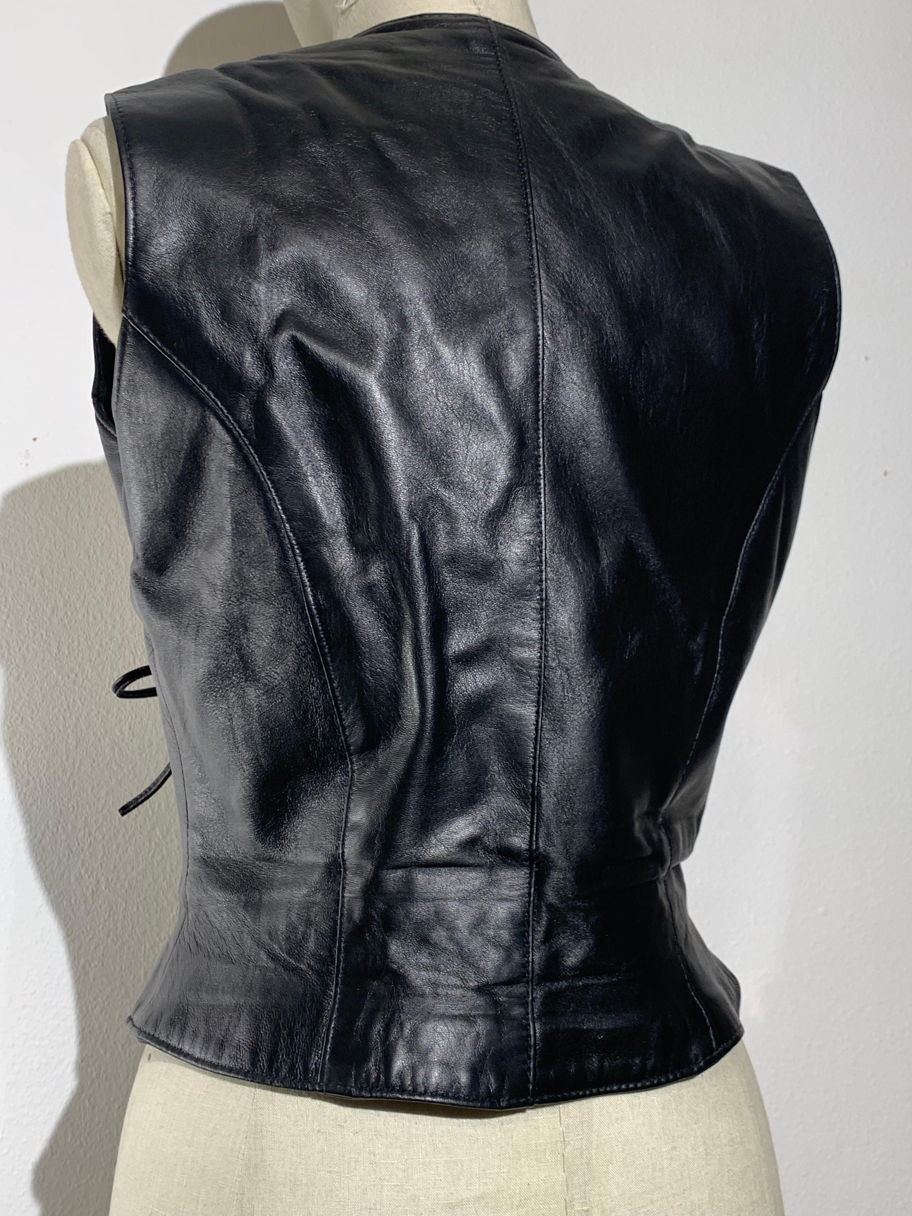 1980s Black Lambskin Leather Double Breasted Fitted Western-Style Vest 2