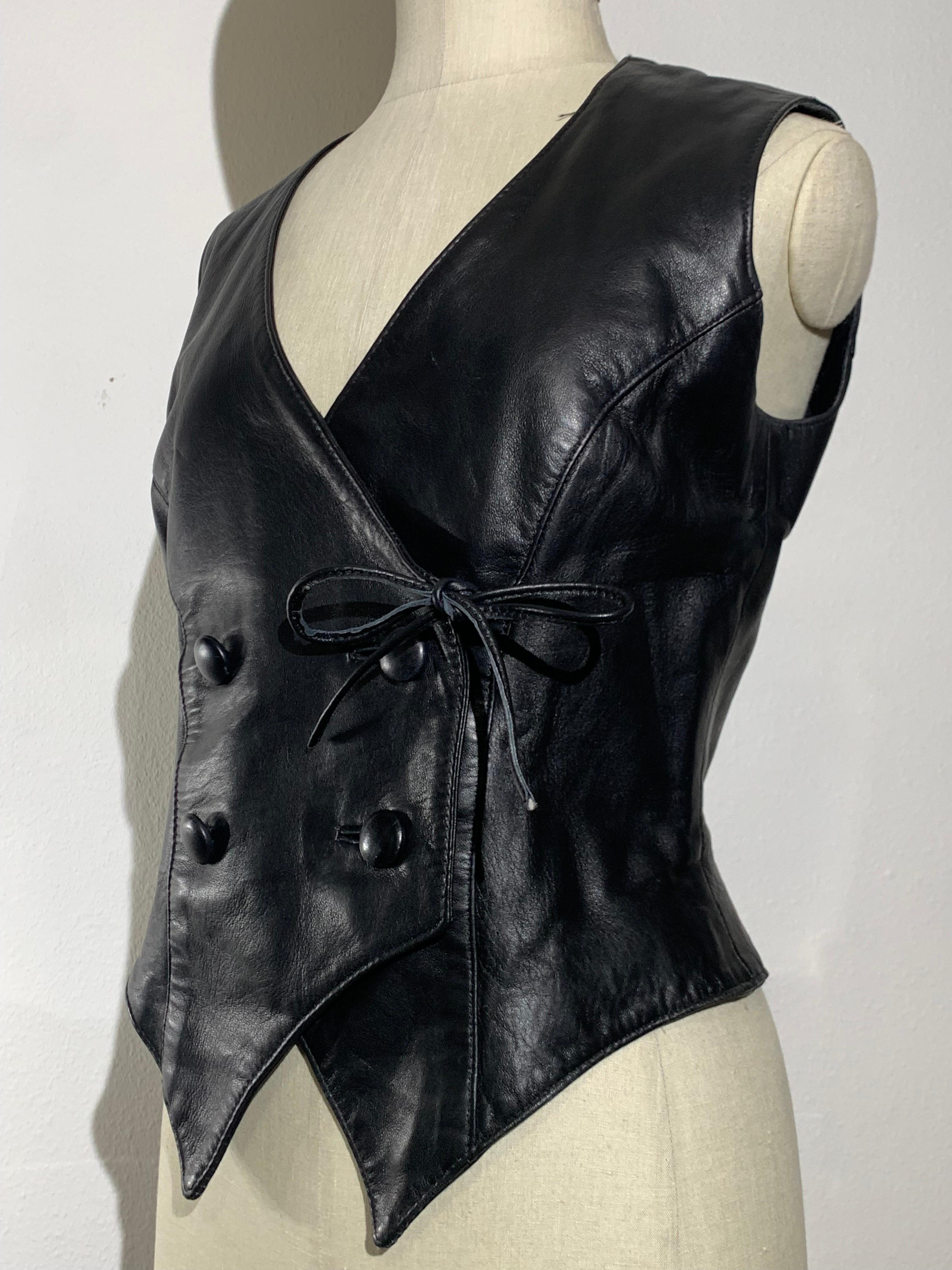 1980s Black Lambskin Leather Double Breasted Fitted Western-Style Vest 3