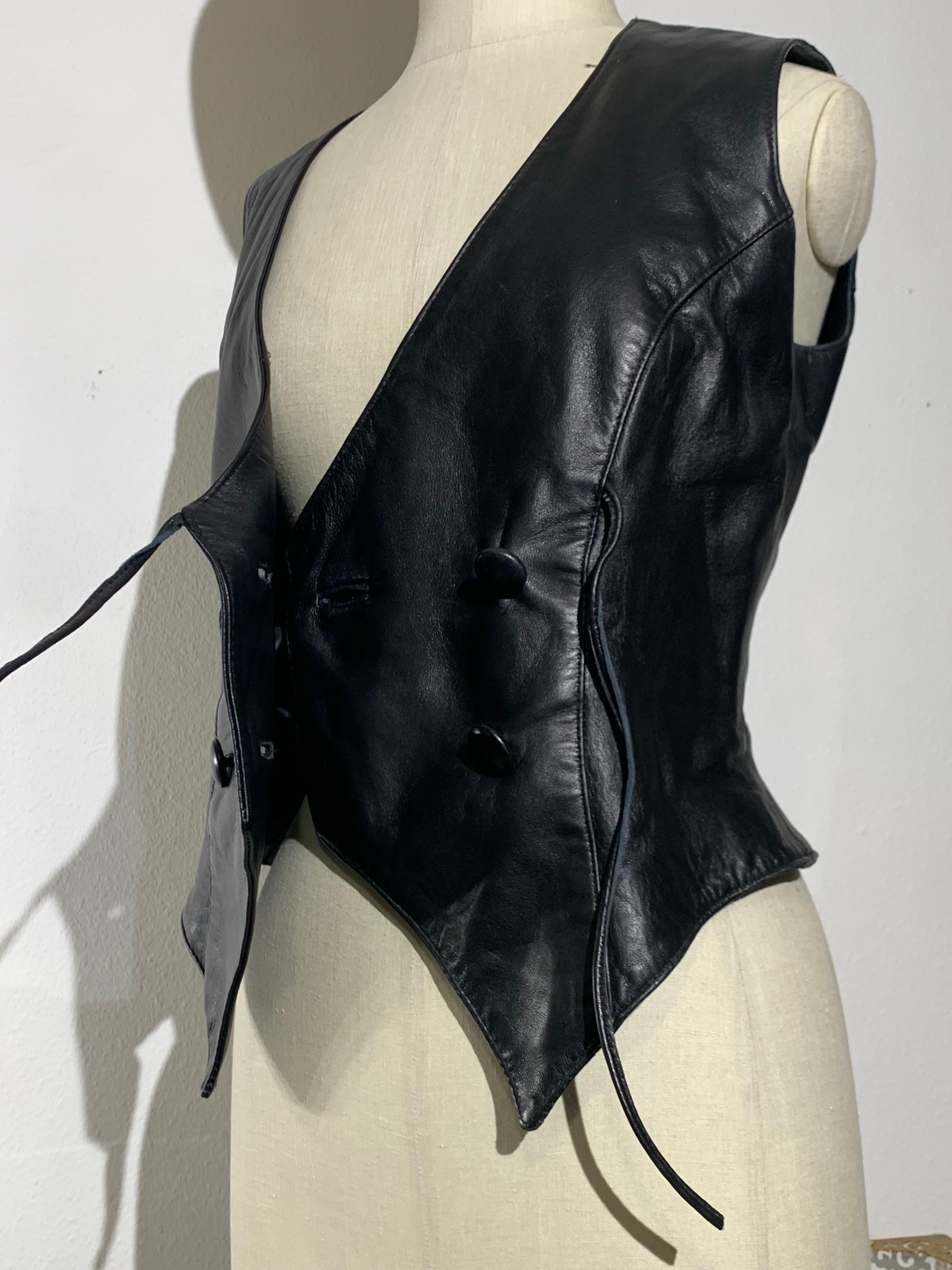 1980s Black Lambskin Leather Double Breasted Fitted Western-Style Vest 4