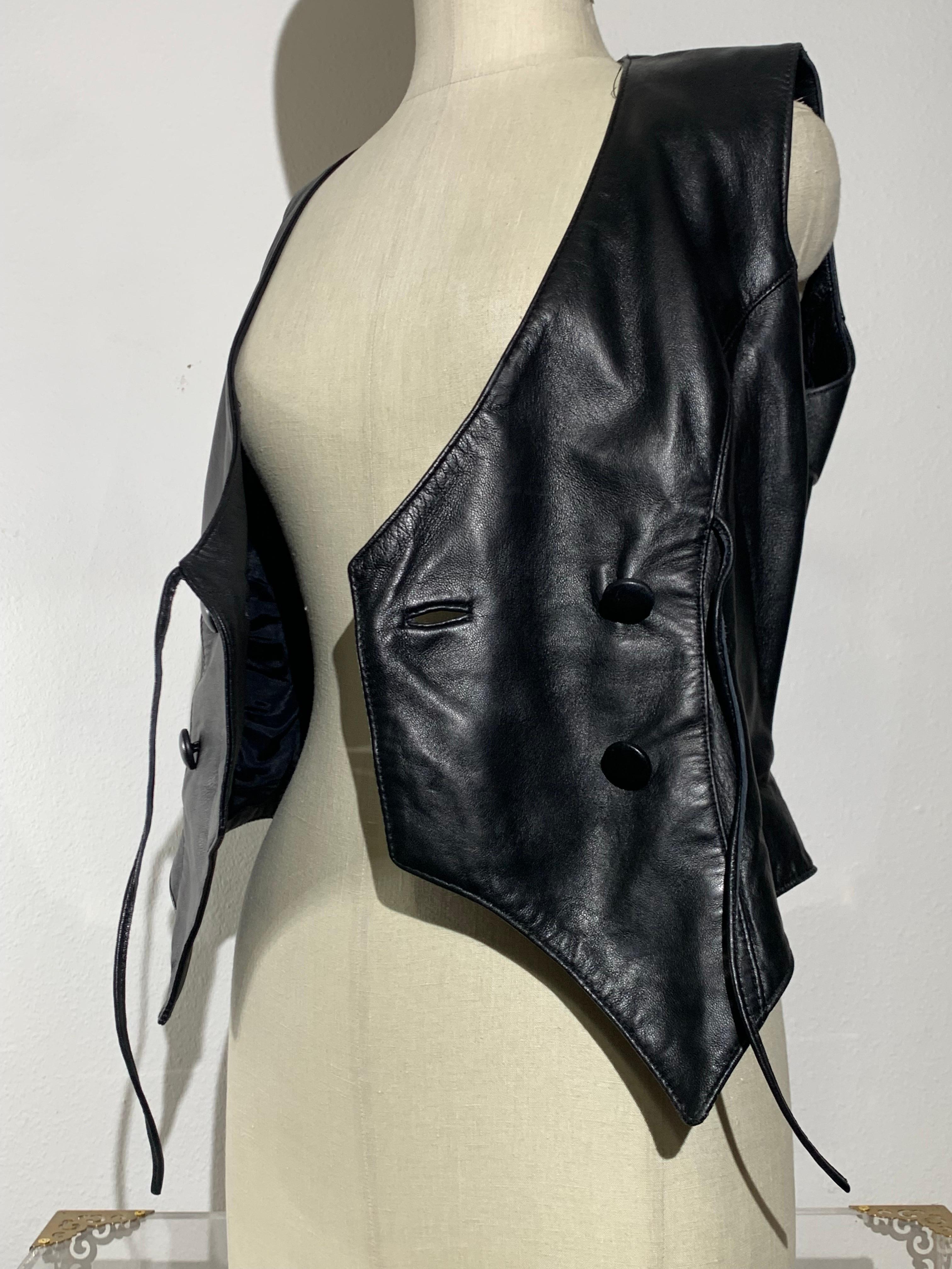 1980s Black Lambskin Leather Double Breasted Fitted Western-Style Vest 5