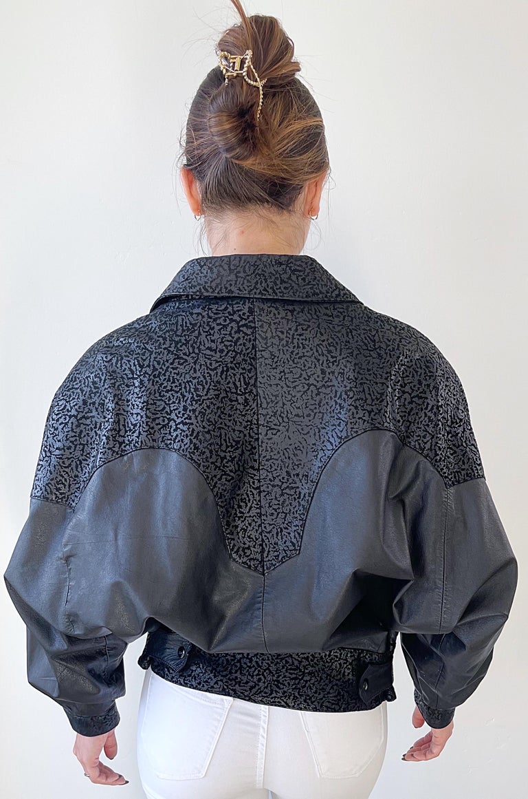 1980s Black Leather Embossed Dolman Sleeve Vintage 80s Moto Jacket 