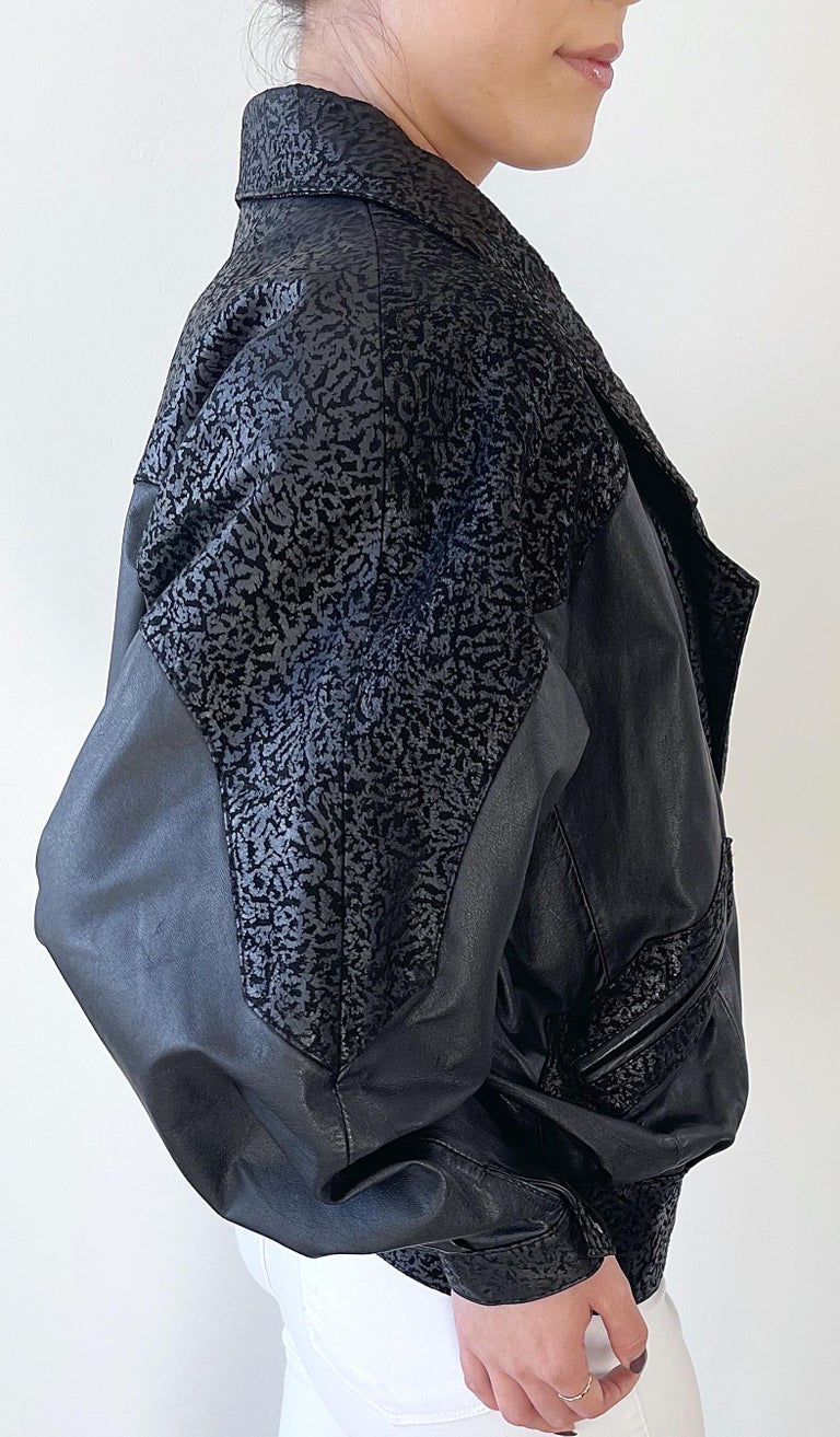 1980s Black Leather Embossed Dolman Sleeve Vintage 80s Moto Jacket 