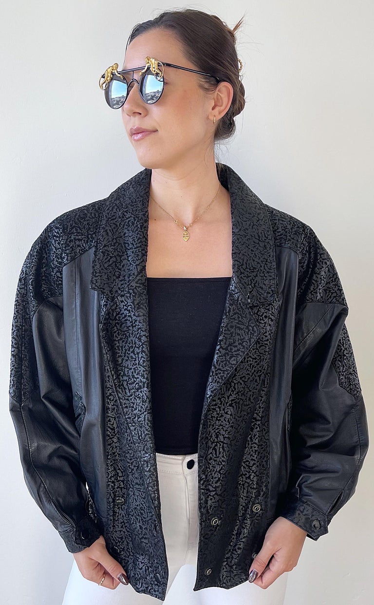 1980s Black Leather Embossed Dolman Sleeve Vintage 80s Moto Jacket 