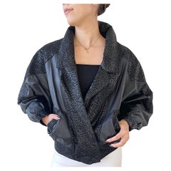 Años 80 Cuero Negro Estampado Manga Dolman Años 80 Vintage Chaqueta Moto Mediana