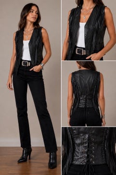 1980s Black Leather Fringe Western Vest Braided Trim Lace-Up Vest Biker Style 80
