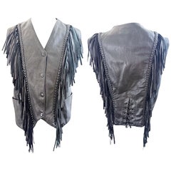 1980s Black Leather Fringe Western Vest Braided Trim Lace-Up Vest Biker Style 80
