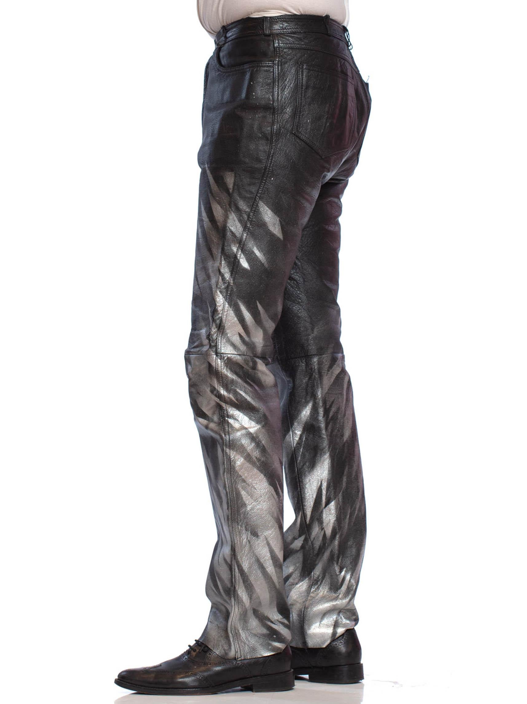 1980S Black Leather Men's Pants With Silver Metallic Graffiti For Sale 1
