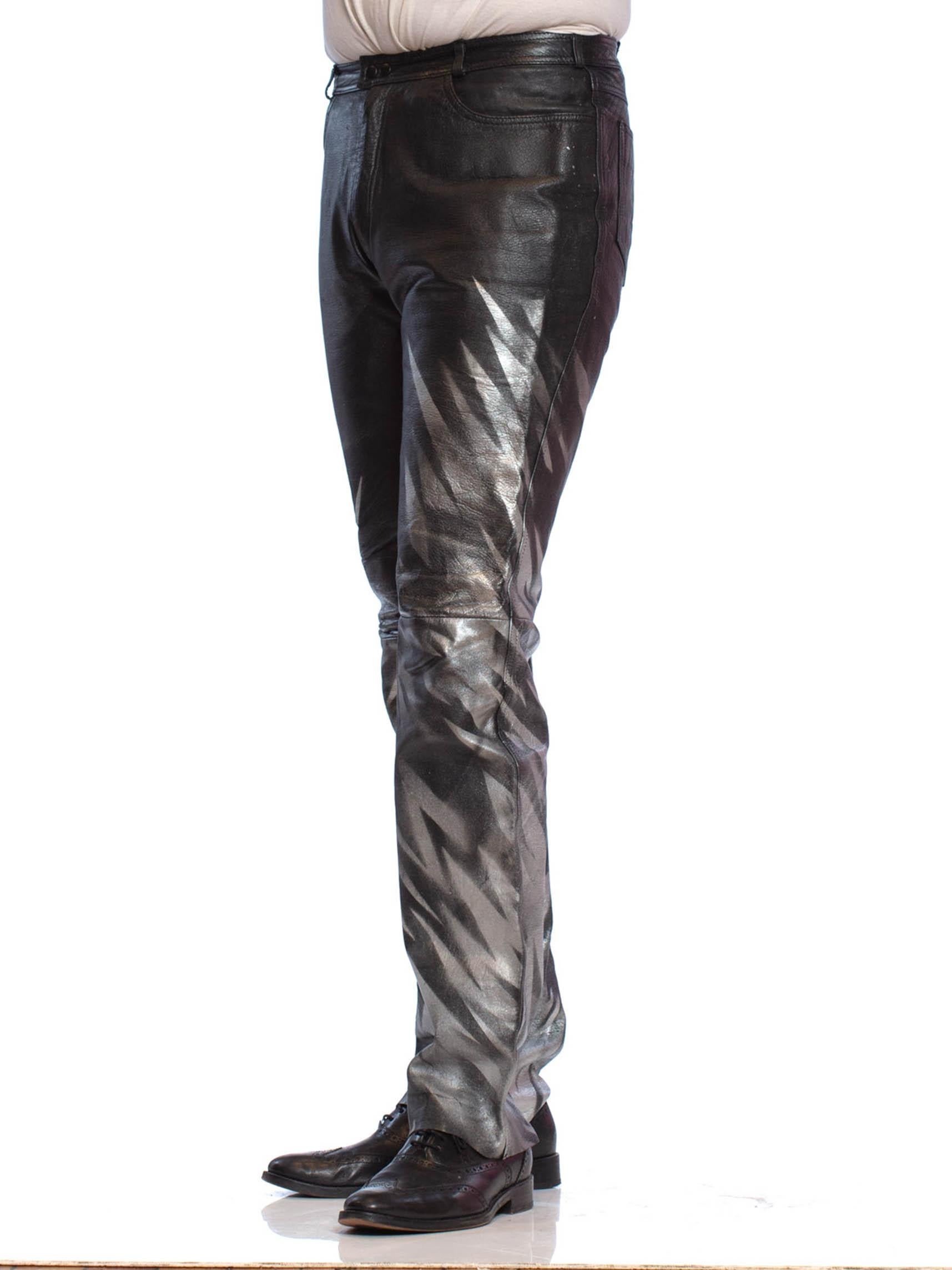 1980S Black Leather Men's Pants With Silver Metallic Graffiti For Sale 2