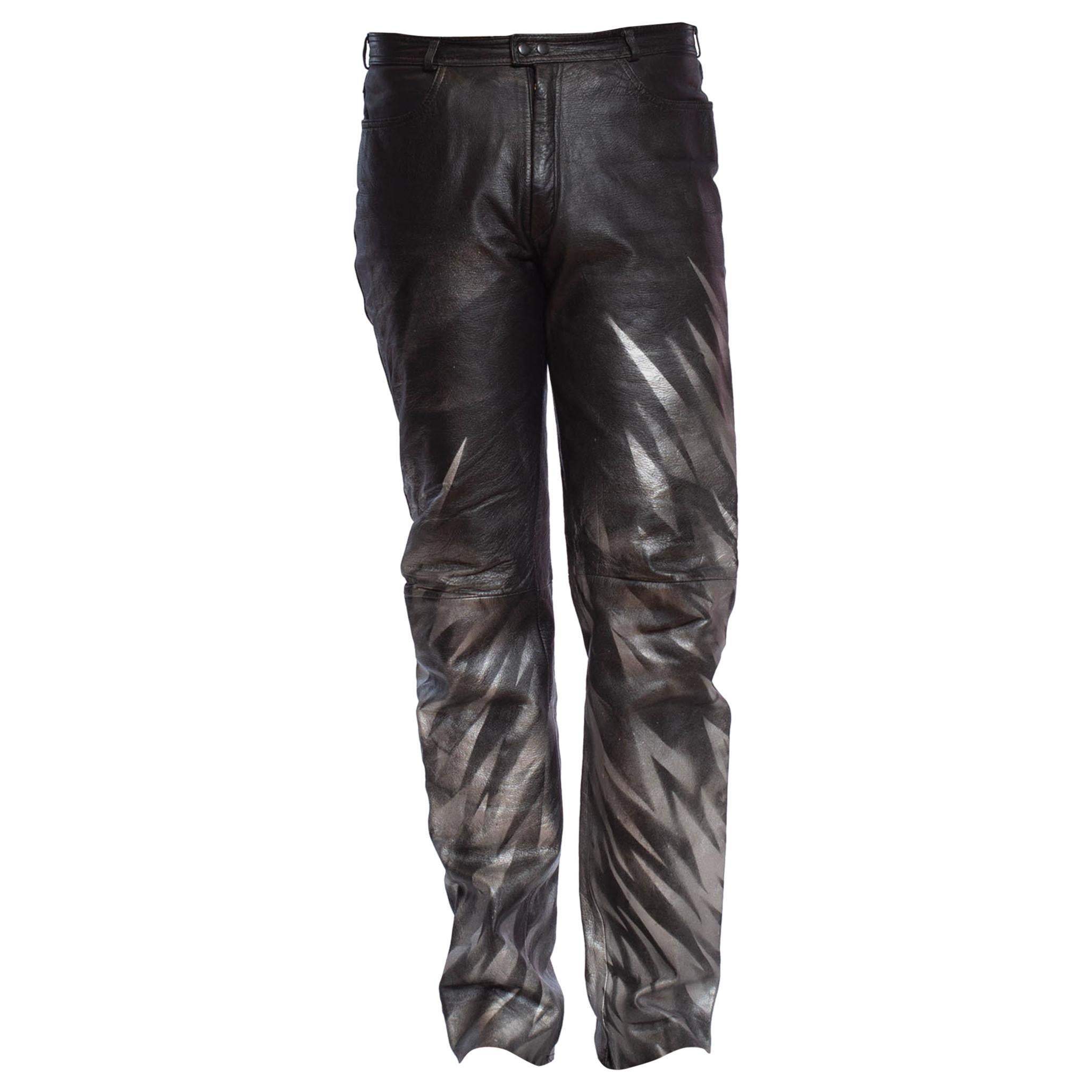 1980S Black Leather Men's Pants With Silver Metallic Graffiti For Sale