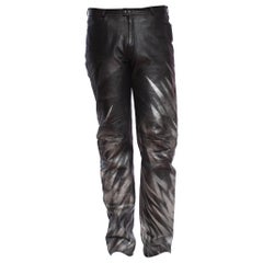 Used 1980S Black Leather Men's Pants With Silver Metallic Graffiti