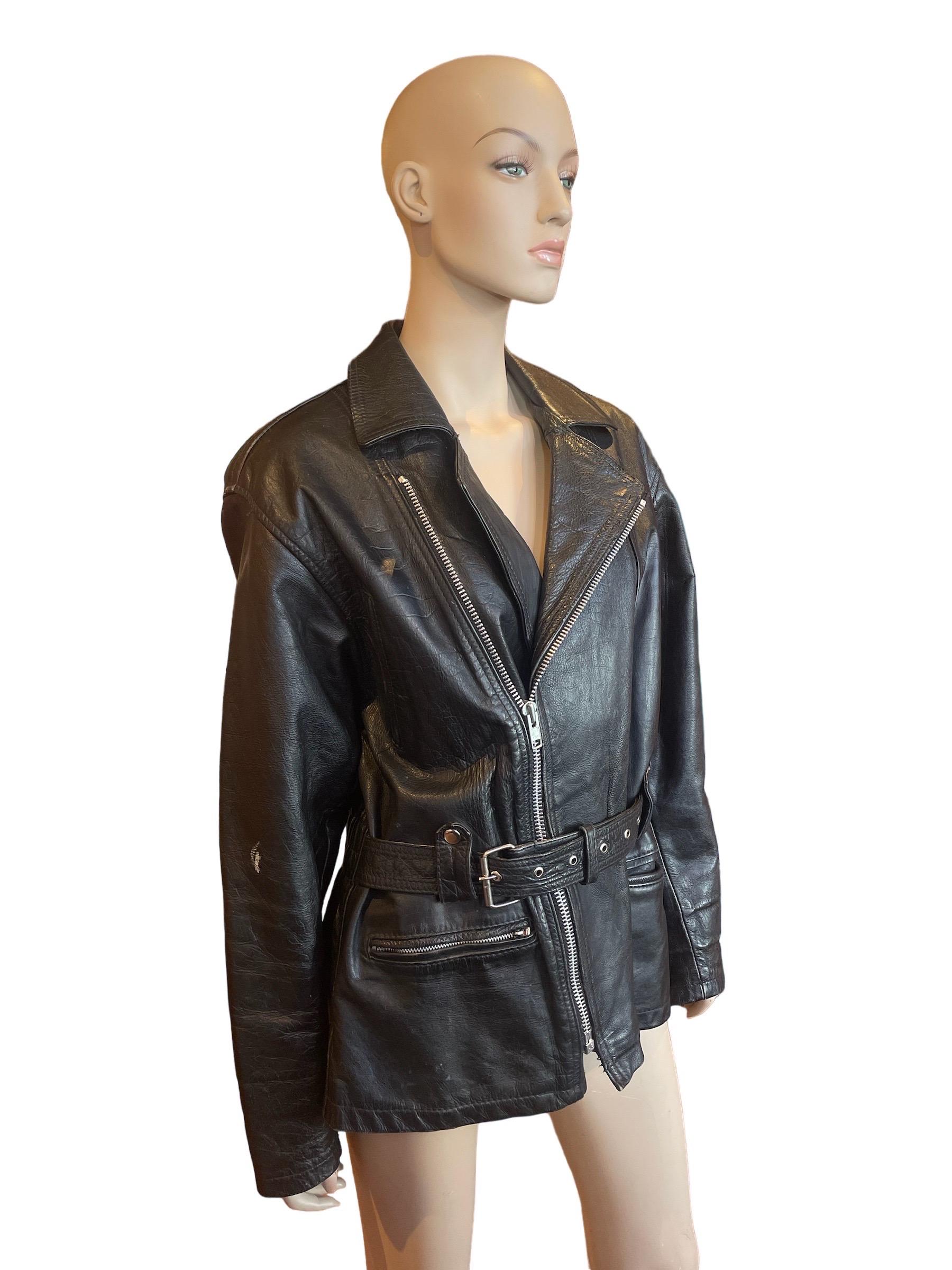 1980s Black Leather Motorcycle Jacket  In Good Condition For Sale In Greenport, NY