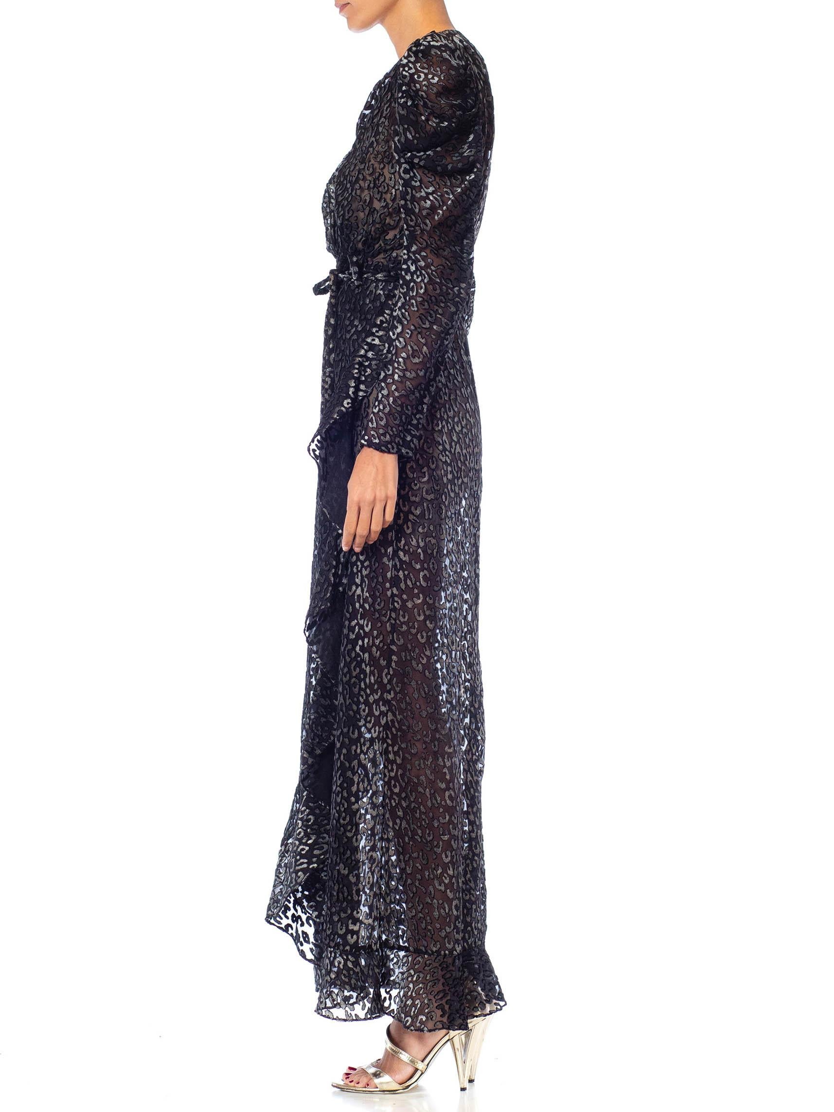 Beautifully made and hand finished in Paris, no label.  1980S Black Leopard Print Silk & Rayon Burnout Velvet Wrap Dress Gown With Sleeves 