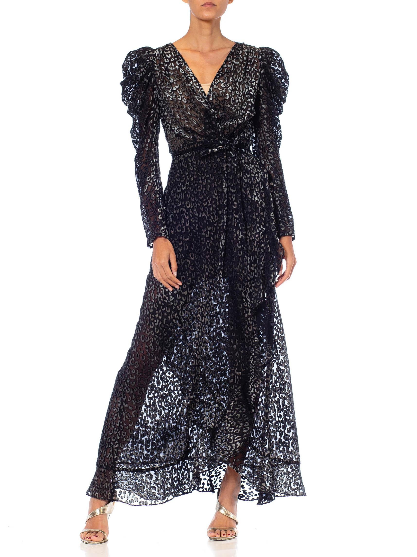 Women's 1980S Black Leopard Print Silk & Rayon Burnout Velvet Wrap Dress Gown With Slee For Sale