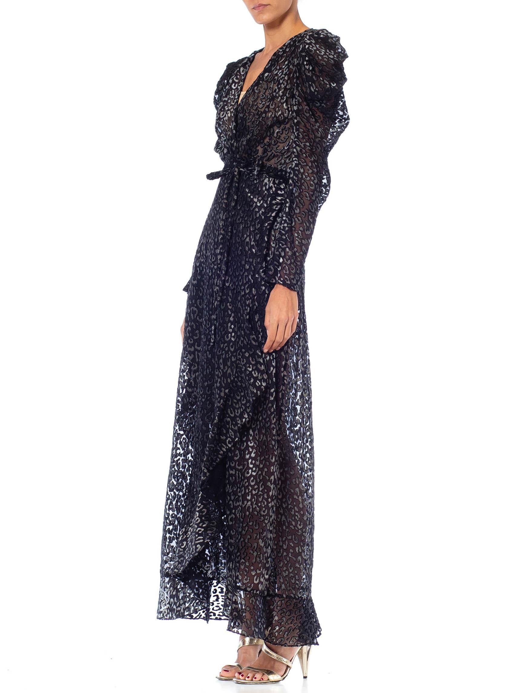 1980S Black Leopard Print Silk & Rayon Burnout Velvet Wrap Dress Gown With Slee For Sale 1