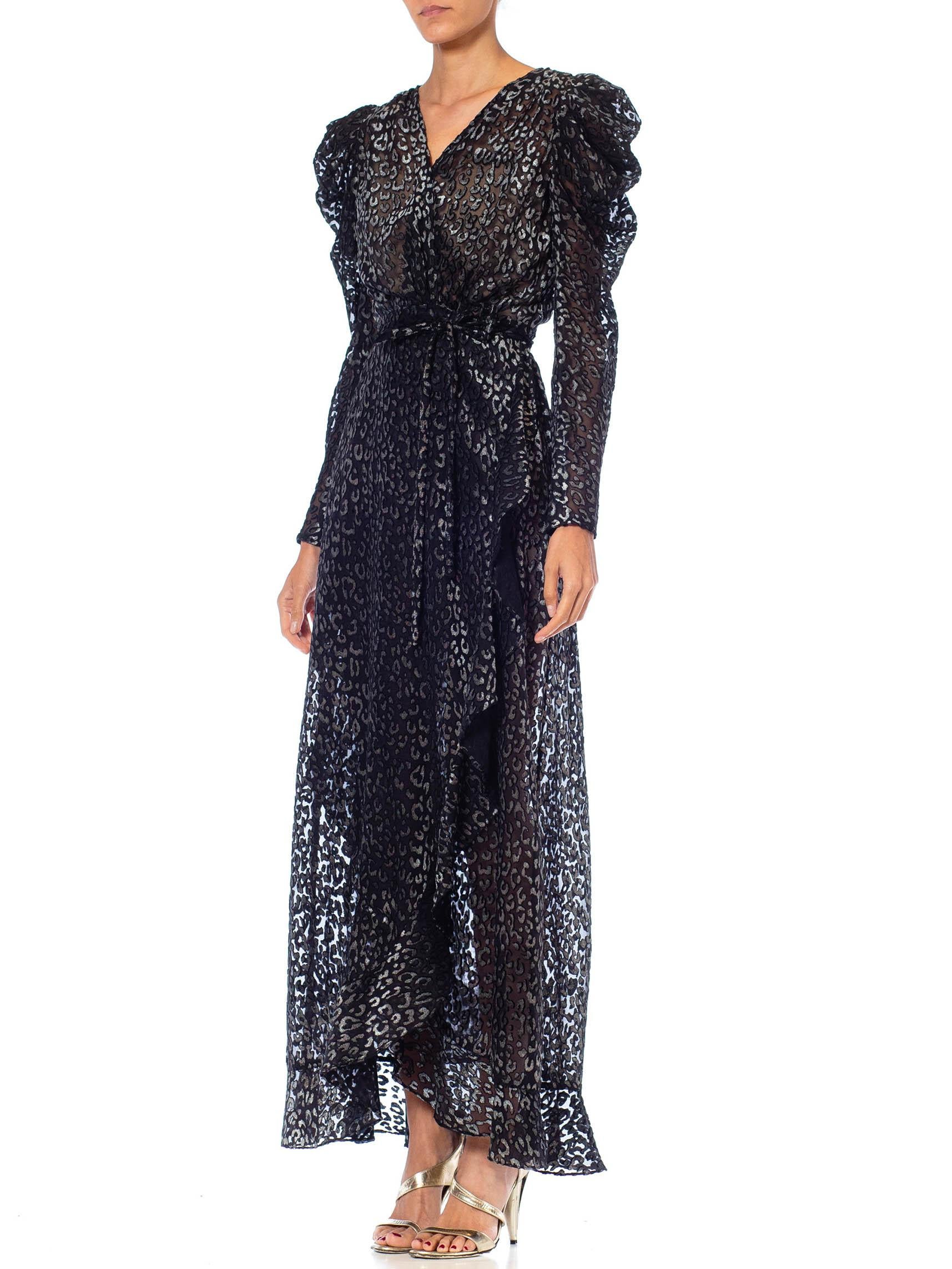 1980S Black Leopard Print Silk & Rayon Burnout Velvet Wrap Dress Gown With Slee For Sale 3