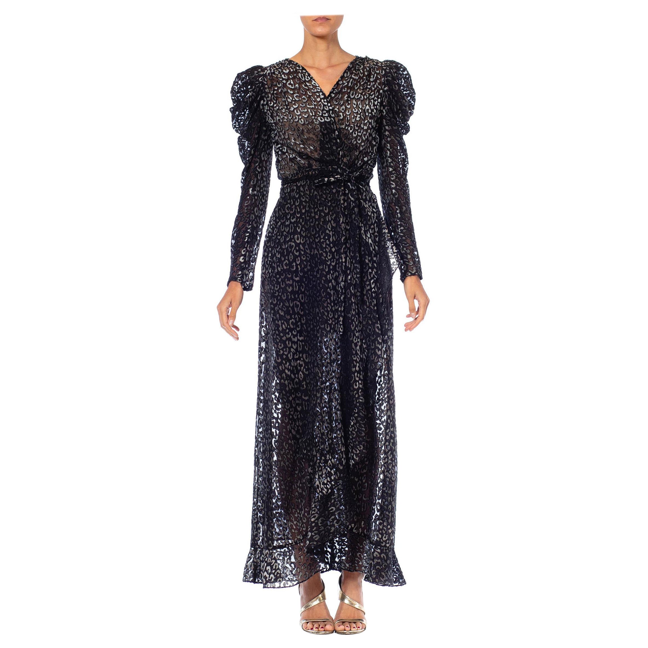 Abito a portafoglio in velluto con stampa leopardata nera e Rayon Burnout degli anni '80 con manicotto