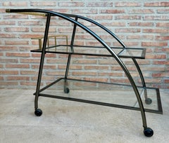 1980s Black Metal and Brass Serving Cart with Glass Shelves