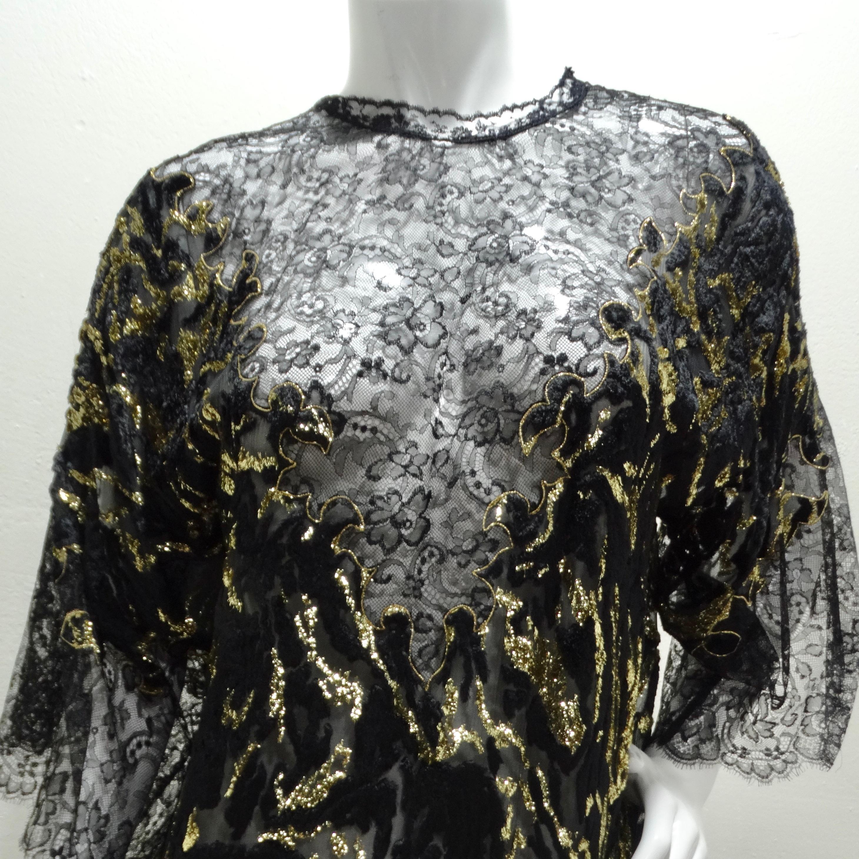 Illuminate the Night with the 1980s Black Metallic Gold Velvet Lace Dress! The dress is crafted from a unique black velvet lace fabric, adding a touch of sophistication and texture to the overall design. The black hue enhances the richness of the