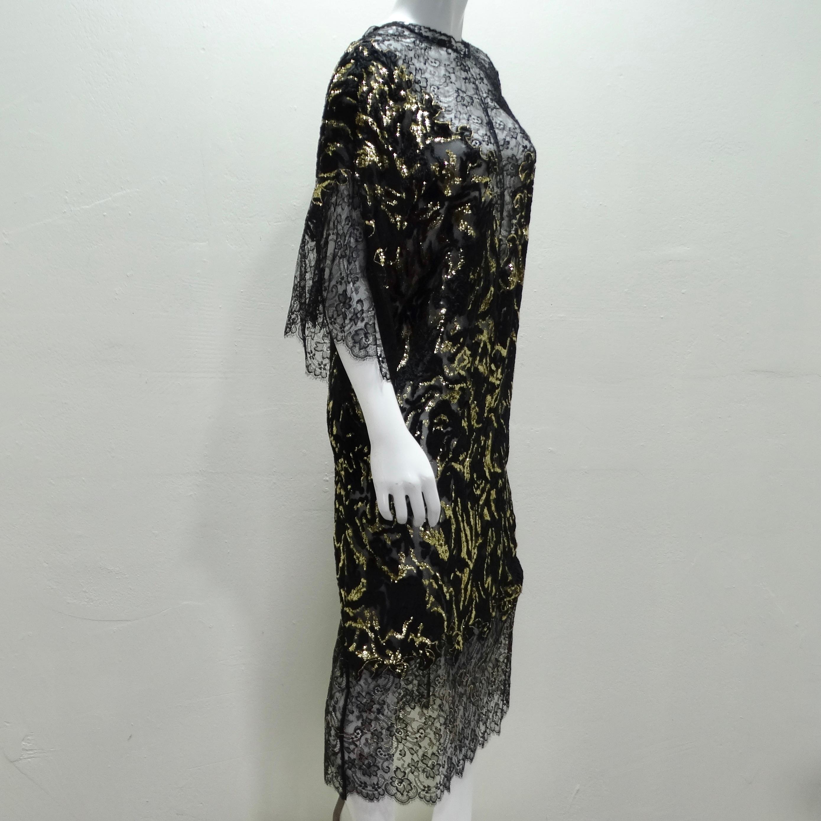 Women's or Men's 1980s Black Metallic Gold Lace Dress For Sale