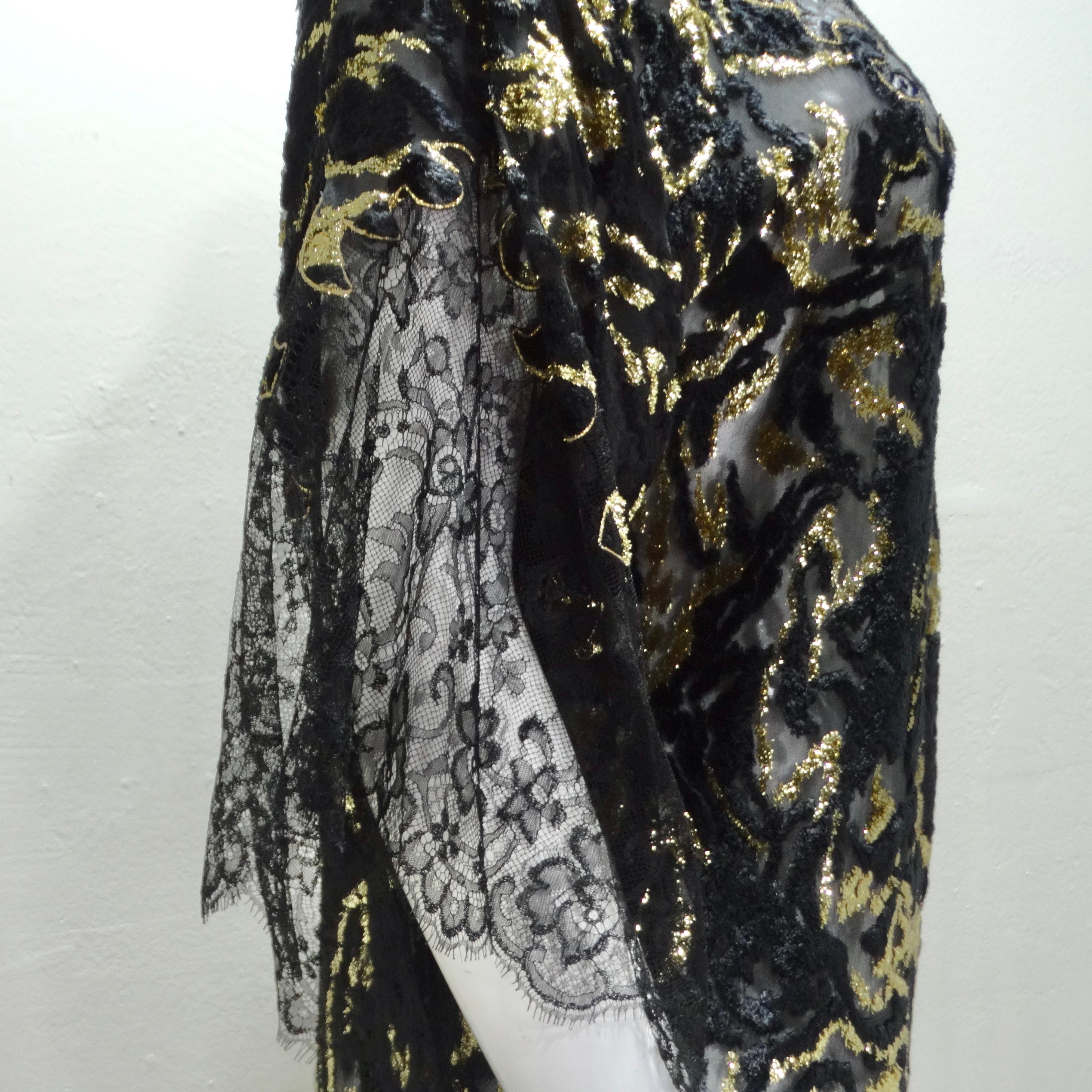 1980s Black Metallic Gold Lace Dress For Sale 1