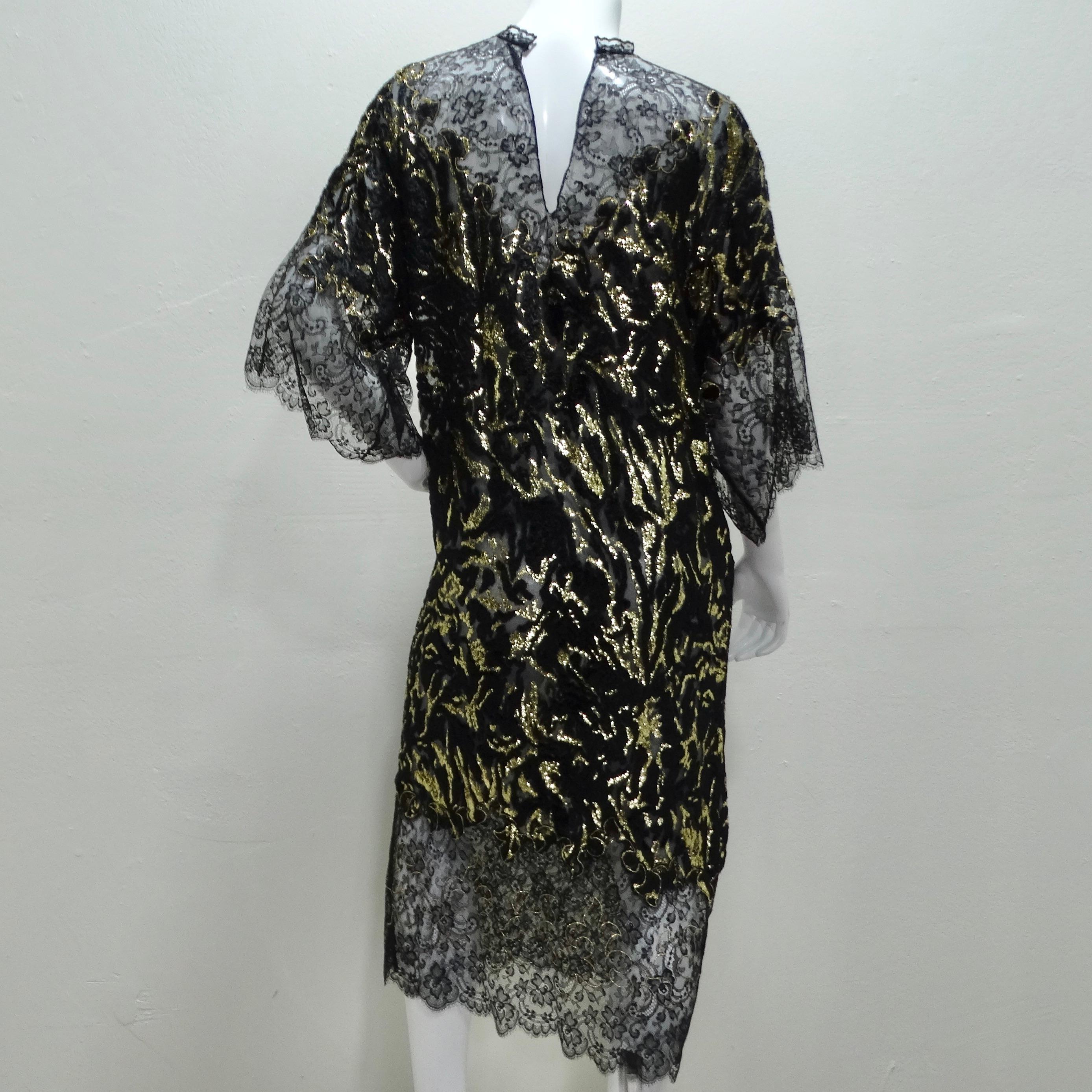 1980s Black Metallic Gold Lace Dress For Sale 2