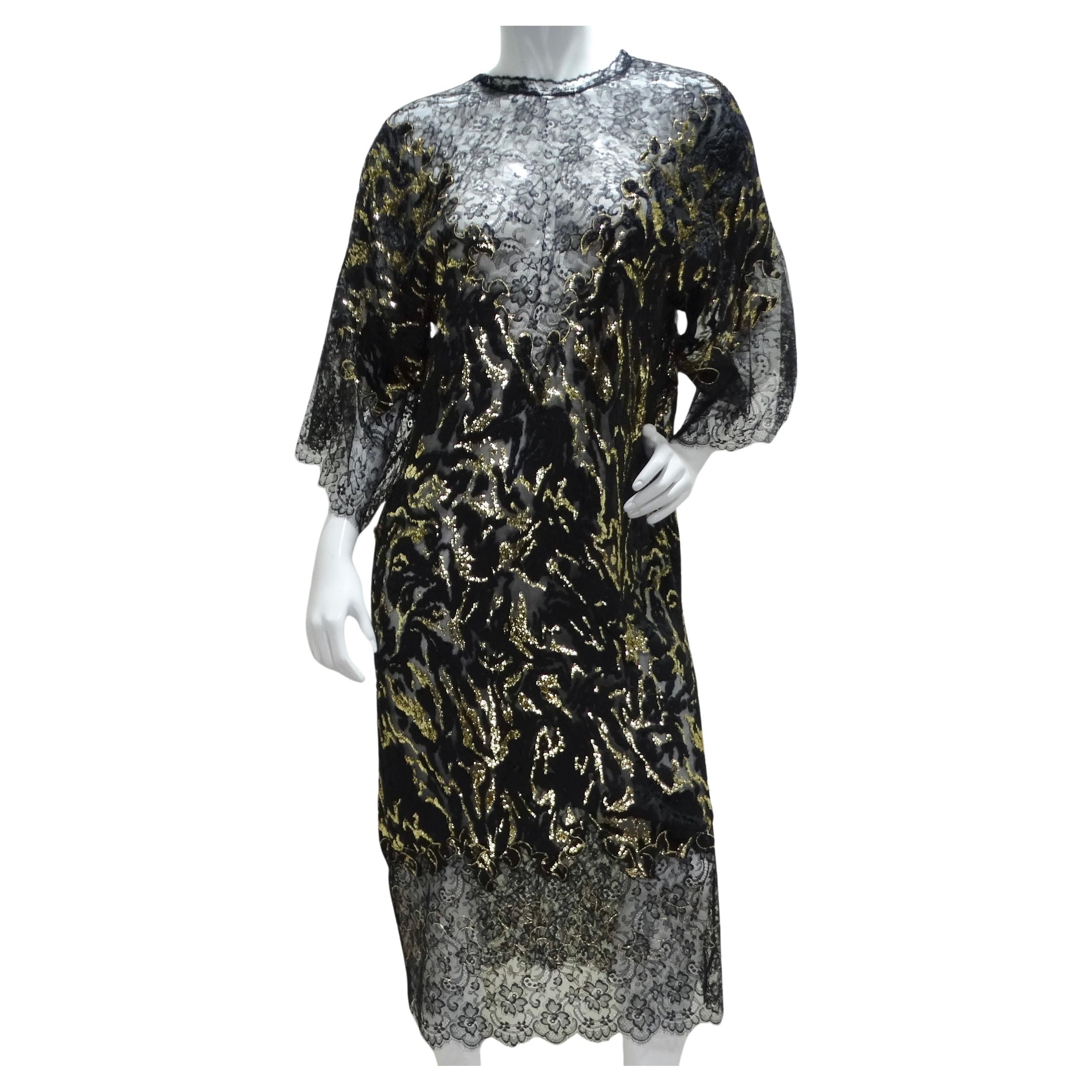 1980s Black Metallic Gold Lace Dress For Sale