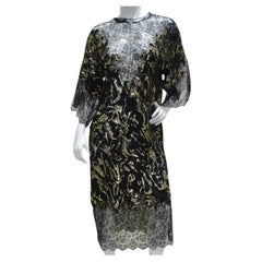 1980s Black Metallic Gold Lace Dress