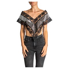 1980S Black Metallic Poly/Lurex Silver Lamé  & Lace Top