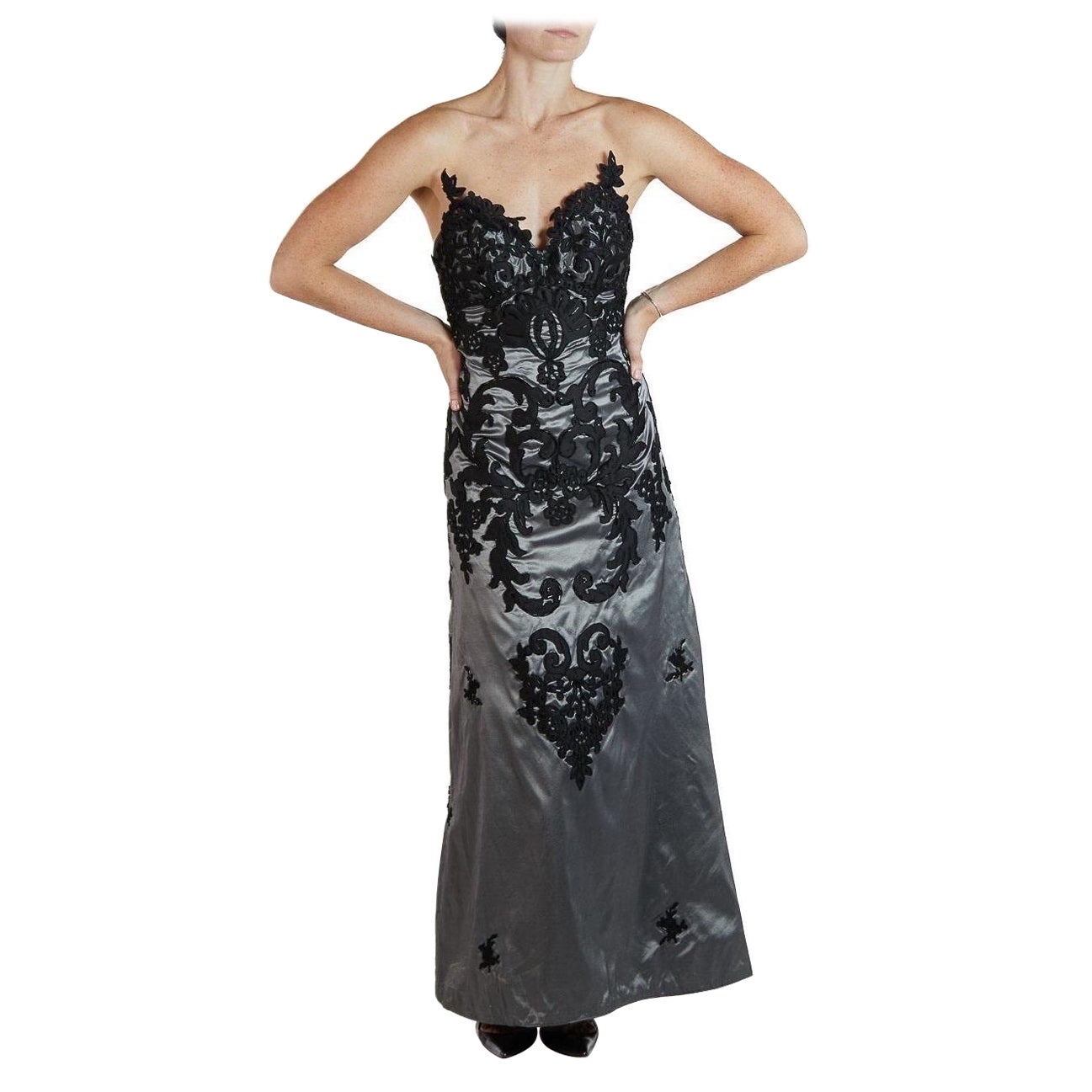 1980S Robe bustier en rayonne/lurex noir métallisé avec applications baroques
