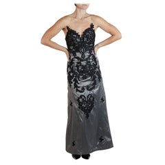 1980S Robe bustier en rayonne/lurex noir métallisé avec applications baroques