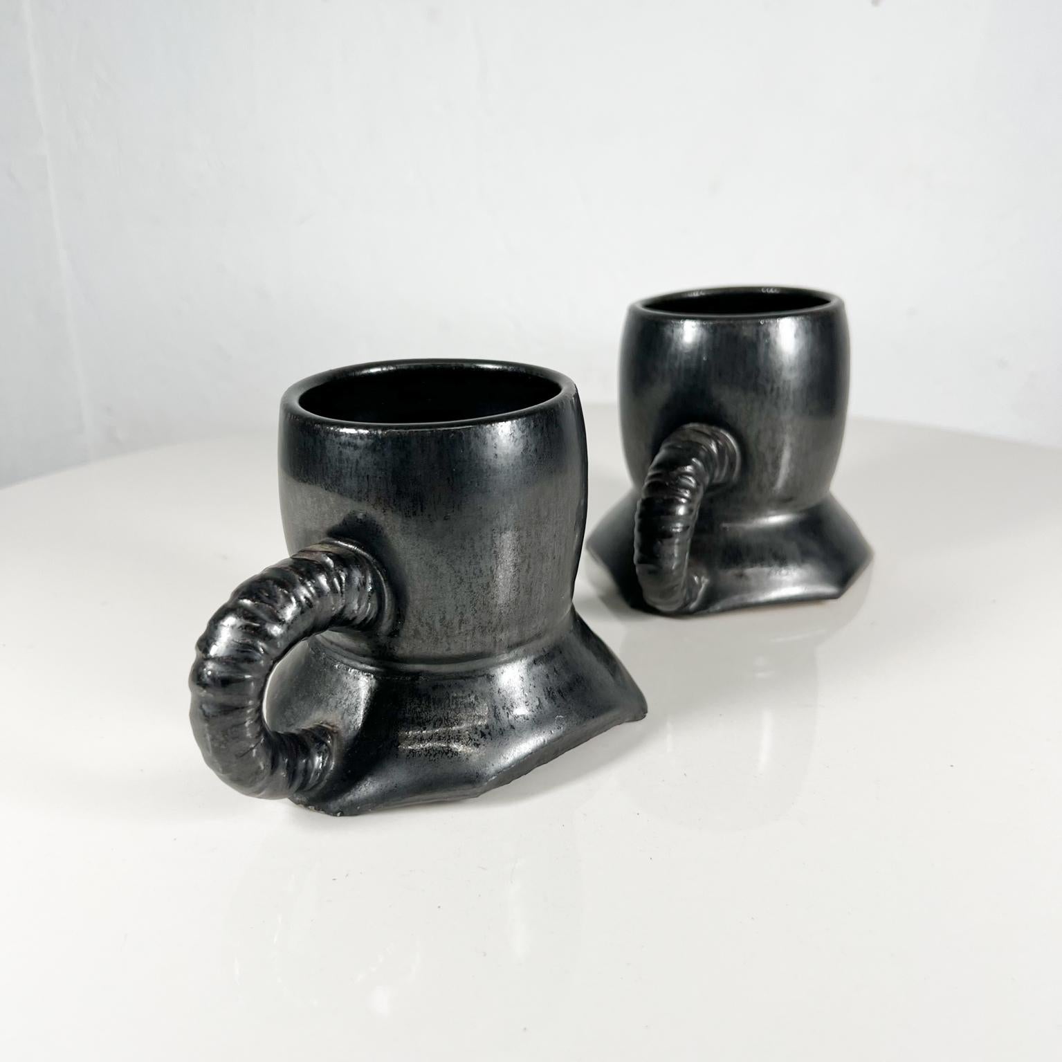 Modern 1980s Black Mugs Sculptural Pottery Art Coffee Cups Signed Melching For Sale